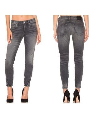 𝅺amo Twist Zip Distressed Skinny Ankle Jeans Smoke Grey 24